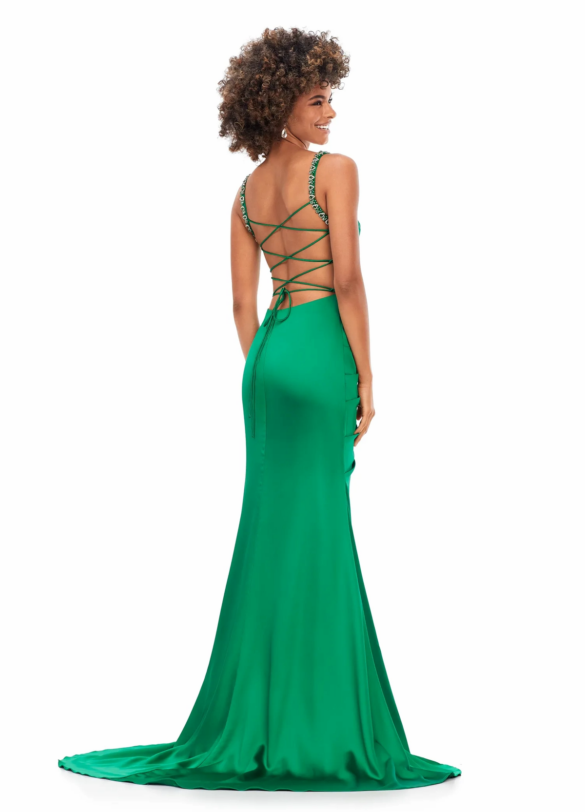 Stunning Beaded Strap Ruched Satin Mermaid Prom Dress With Lace Up Back and High Slit