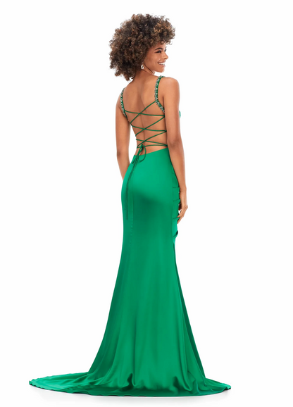 Stunning Beaded Strap Ruched Satin Mermaid Prom Dress With Lace Up Back and High Slit