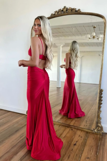 Elegant Mermaid V-Neck Spaghetti Strap Cutout Open Back Floor-Length Prom Dress