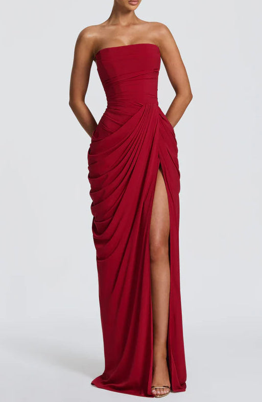 Stunning Fitted Strapless Lace Up Back High Slit Floor Length Prom Dress