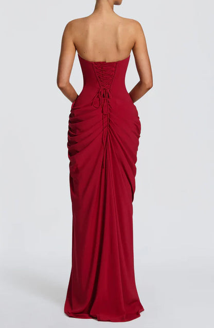 Elegant Fitted Strapless Lace-Up Back High Slit Floor Length Red Prom Dress