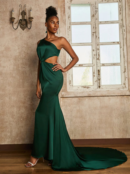 Stunning Mermaid One-Shoulder Waist Cutout Floor Length Train Satin Evening Dress