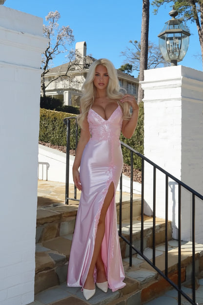 Stunning Satin Mermaid High Slit V-Neck Spaghetti Strap Criss-Cross Open Back Floor Length Prom Dresses