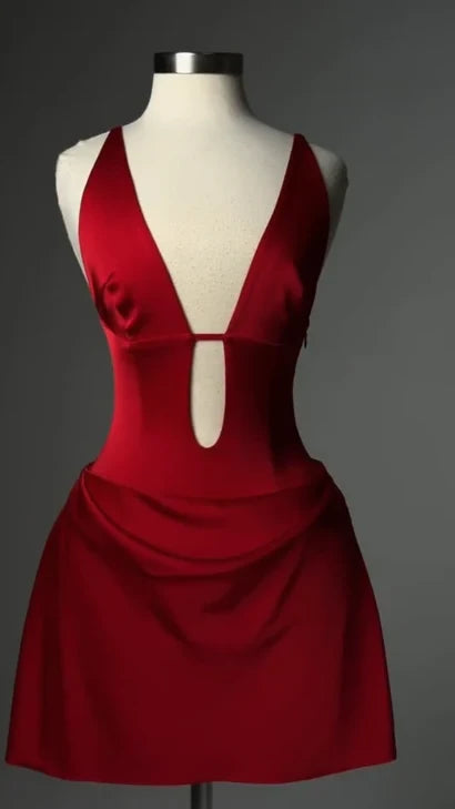 Stunning Satin Sheath Halter Plunge V-Neck Sleeveless Open Back Mini Homecoming Dresses