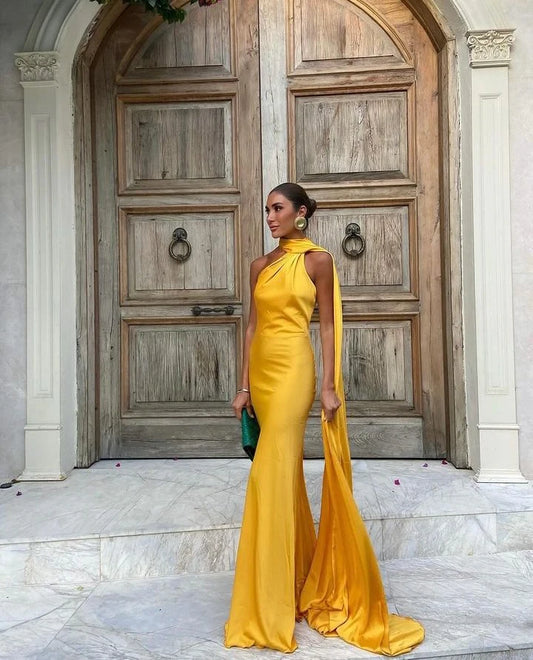 Stunning Satin Sheath High Slit Asymmetrical Halter Open Back Floor Length Prom Dresses