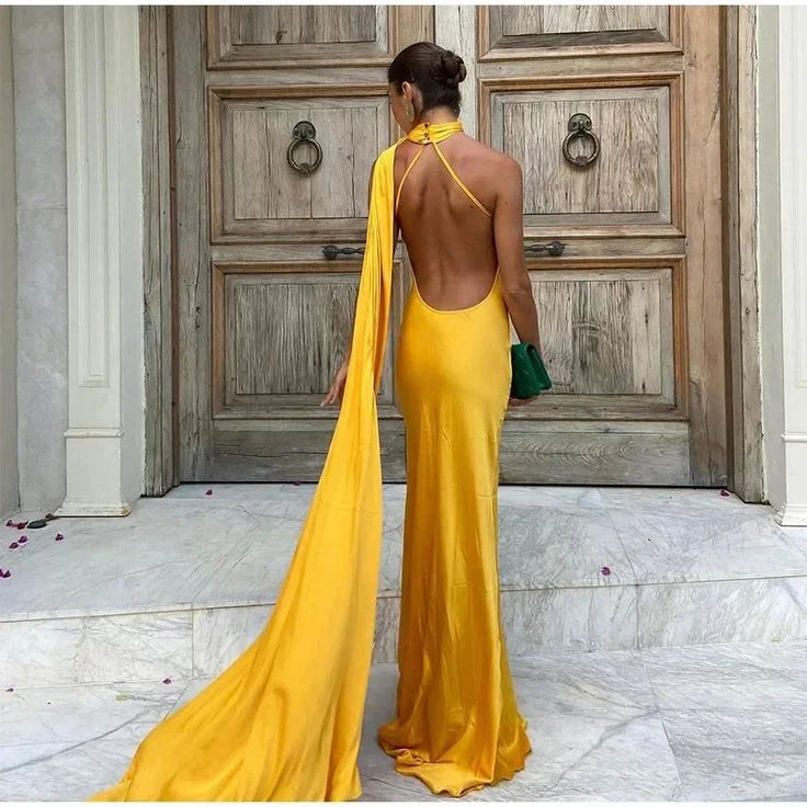 Stunning Satin Sheath High Slit Asymmetrical Halter Open Back Floor Length Prom Dresses
