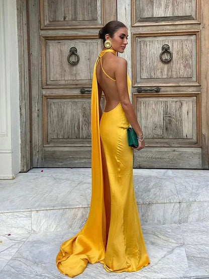Stunning Satin Sheath High Slit Asymmetrical Halter Open Back Floor Length Prom Dresses