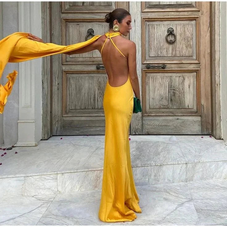 Stunning Satin Sheath High Slit Asymmetrical Halter Open Back Floor Length Prom Dresses