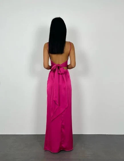 Stunning Satin Sheath Square Neck Spaghetti Strap Open Back Tie Floor-Length Evening Dresses