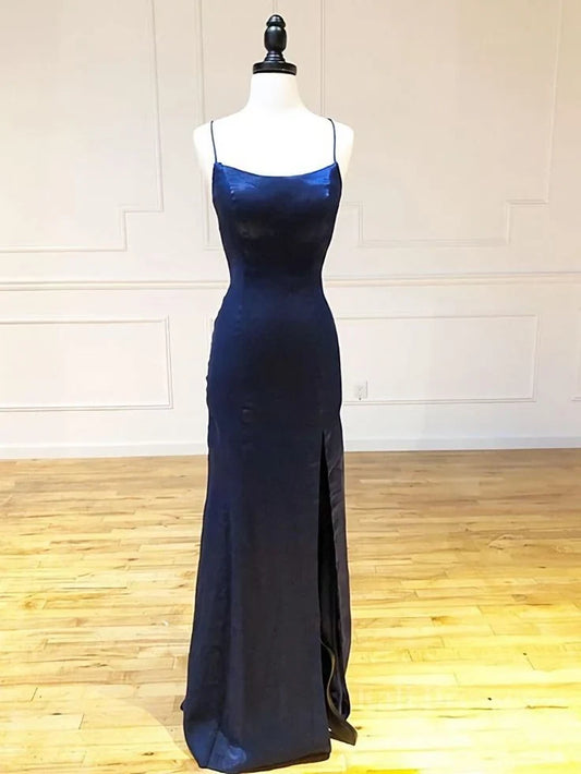 Stunning Satin Sheath Straight Neck Spaghetti Strap Lace-Up Back Floor-Length Evening Dresses