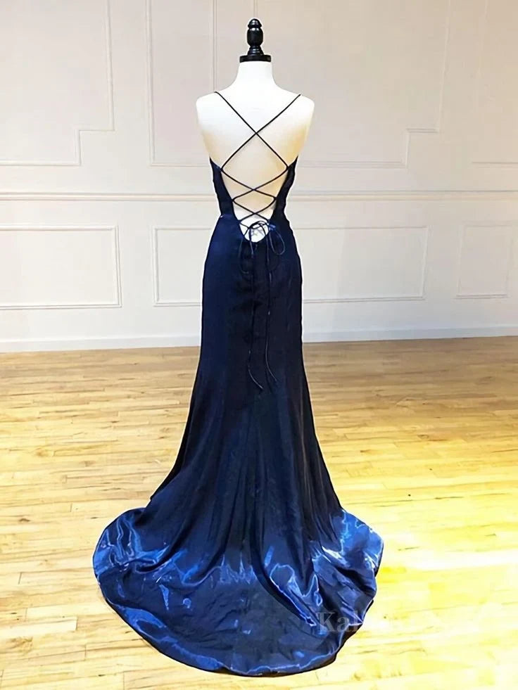 Stunning Satin Sheath Straight Neck Spaghetti Strap Lace-Up Back Floor-Length Evening Dresses