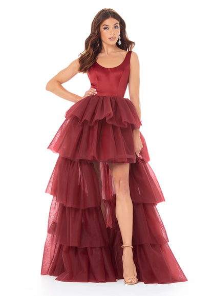 Stunning Satin Tulle A-Line Scoop Neck Sleeveless Scoop Back High-Low Evening Dresses