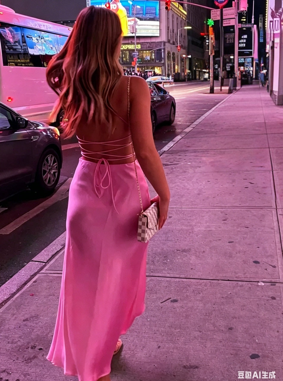 Chic satin slip sweetheart-neck spaghetti-strap lace-up-back midi prom dress