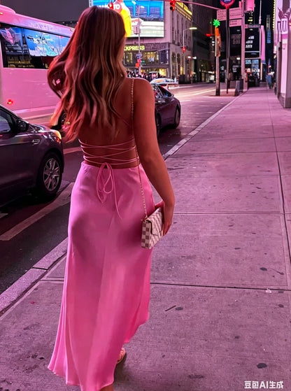 Chic satin slip sweetheart-neck spaghetti-strap lace-up-back midi prom dress