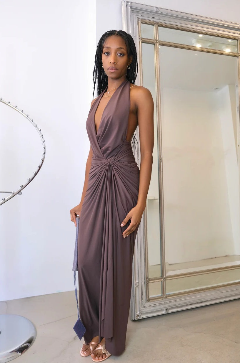 Sultry Halter Draped Gown Open Back Sleeveless High Slit Floor-Length Evening Dress