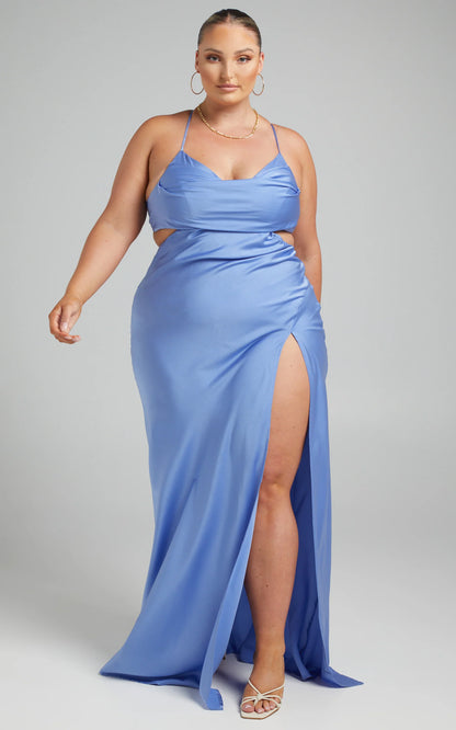 Sultry Mermaid Cowl Neck Spaghetti Strap Cutout Slit Floor Length Evening Dress