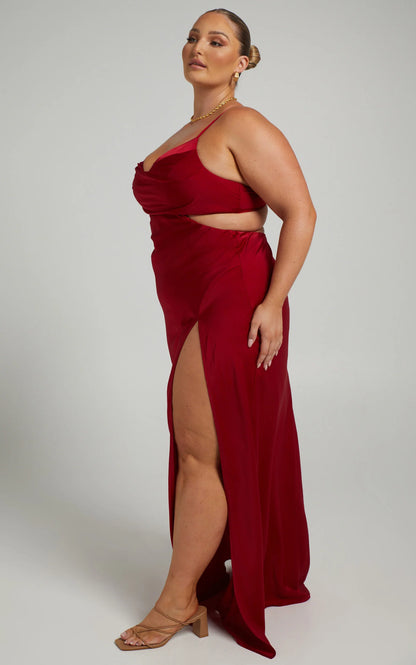Sultry Mermaid Cowl Neck Spaghetti Strap Cutout Slit Floor Length Evening Dress