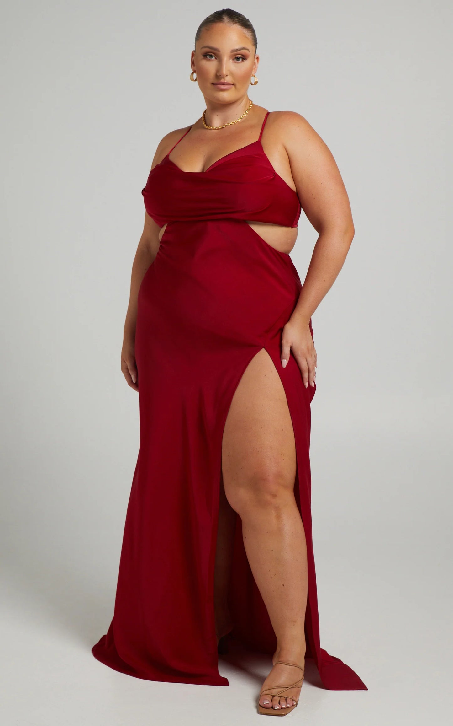 Sultry Mermaid Cowl Neck Spaghetti Strap Cutout Slit Floor Length Evening Dress