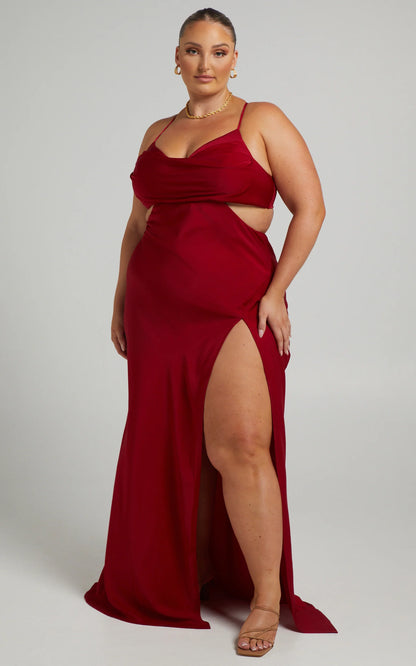 Sultry Mermaid Cowl Neck Spaghetti Strap Cutout Slit Floor Length Evening Dress