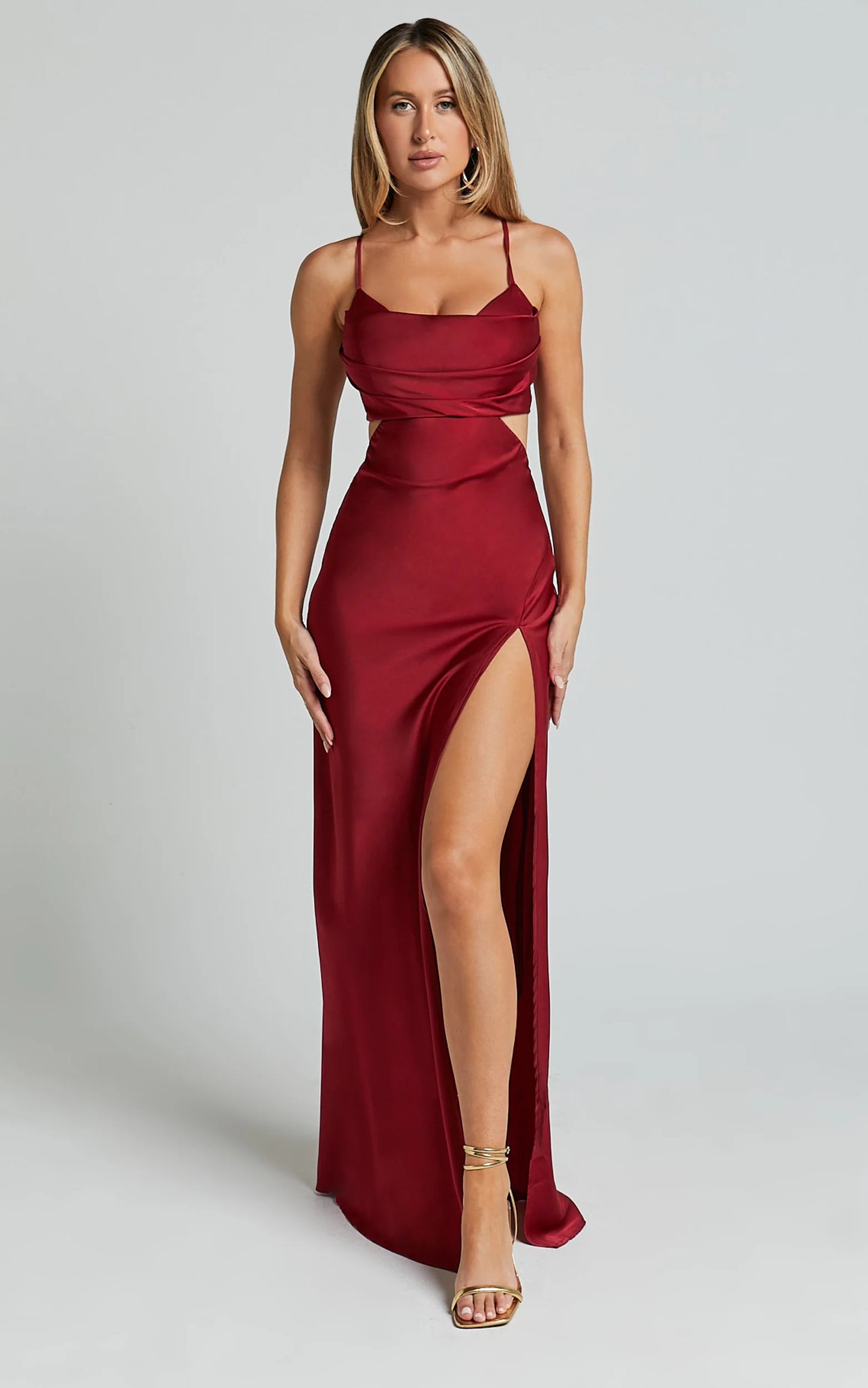 Sultry Mermaid Cowl Neck Spaghetti Strap Cutout Slit Floor Length Evening Dress