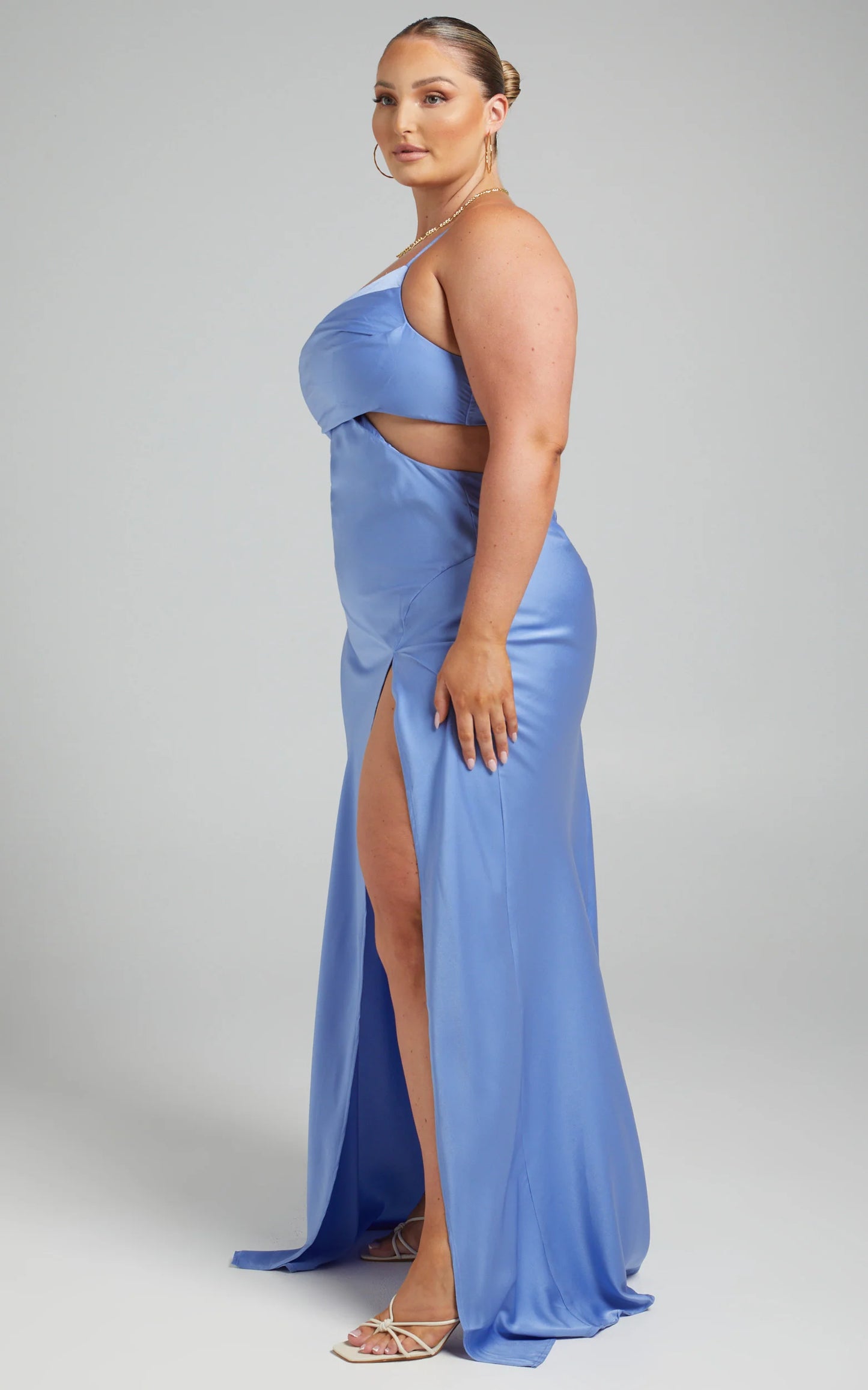 Sultry Mermaid Cowl Neck Spaghetti Strap Cutout Slit Floor Length Evening Dress