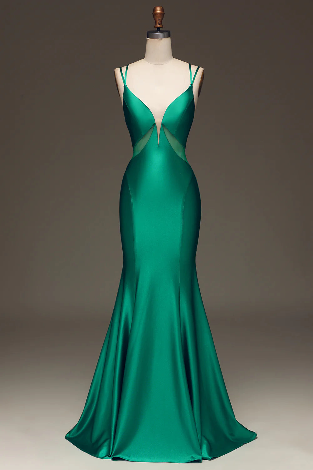 Sultry Plunge V-Neck Sheer Mesh Satin Mermaid Prom Dresses with Crisscross Back and Train