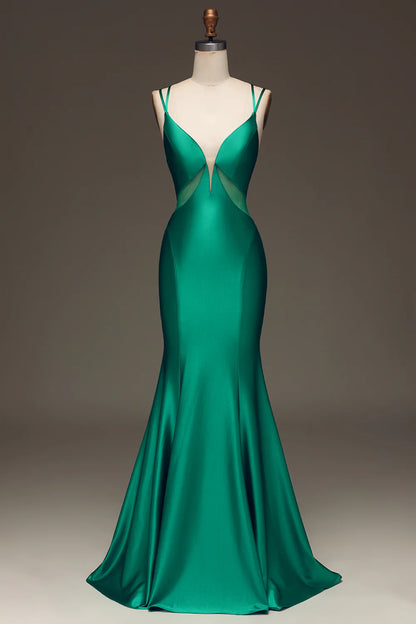 Sultry Plunge V-Neck Sheer Mesh Satin Mermaid Prom Dresses with Crisscross Back and Train