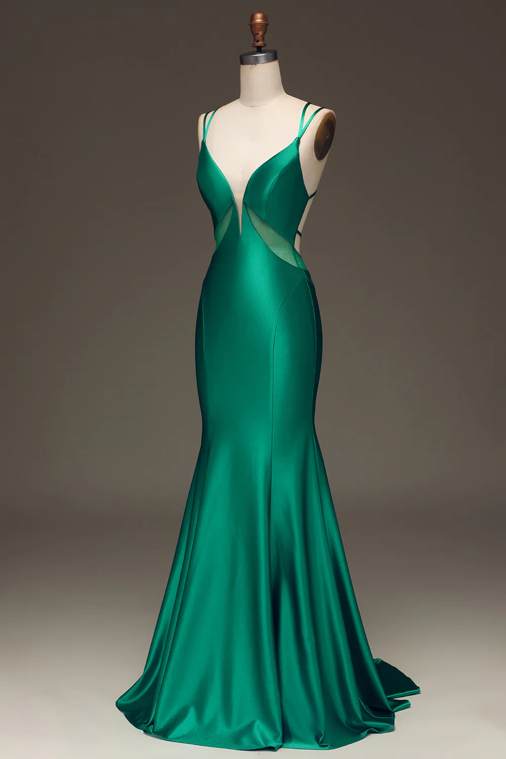 Sultry Plunge V-Neck Sheer Mesh Satin Mermaid Prom Dresses with Crisscross Back and Train