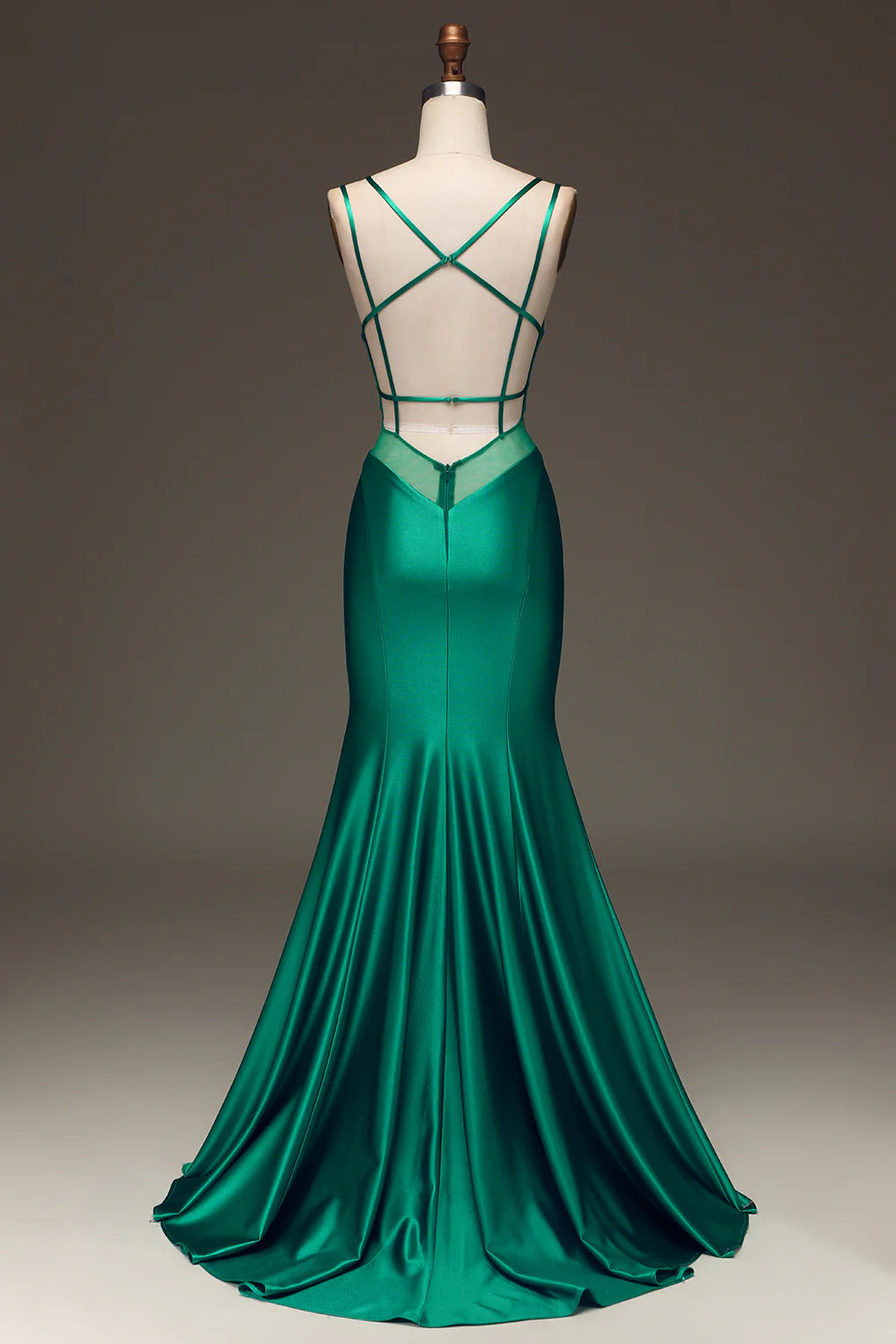 Sultry Plunge V-Neck Sheer Mesh Satin Mermaid Prom Dresses with Crisscross Back and Train