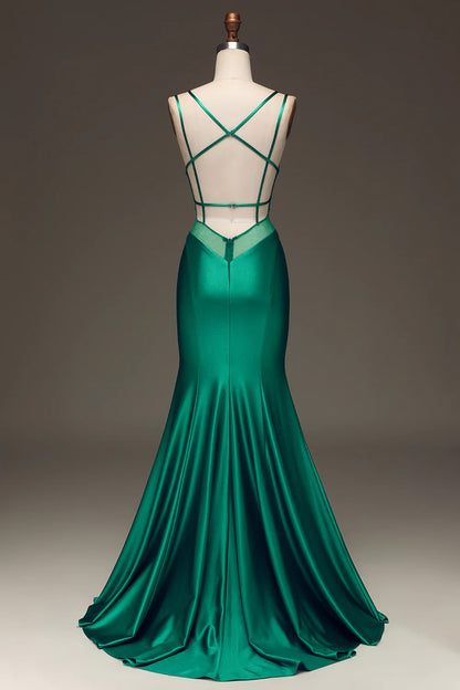 Sultry Plunge V-Neck Sheer Mesh Satin Mermaid Prom Dresses with Crisscross Back and Train