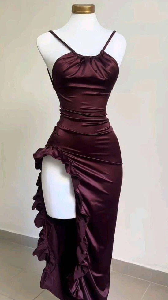 Sultry satin slip halter-neck spaghetti-strap open-back ruffle-hem midi evening prom dress