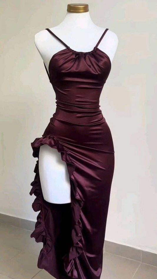 Sultry satin slip halter-neck spaghetti-strap open-back ruffle-hem midi evening prom dress