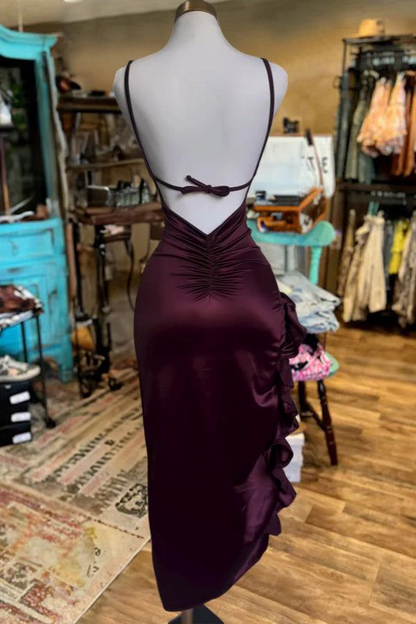 Sultry satin slip halter-neck spaghetti-strap open-back ruffle-hem midi evening prom dress