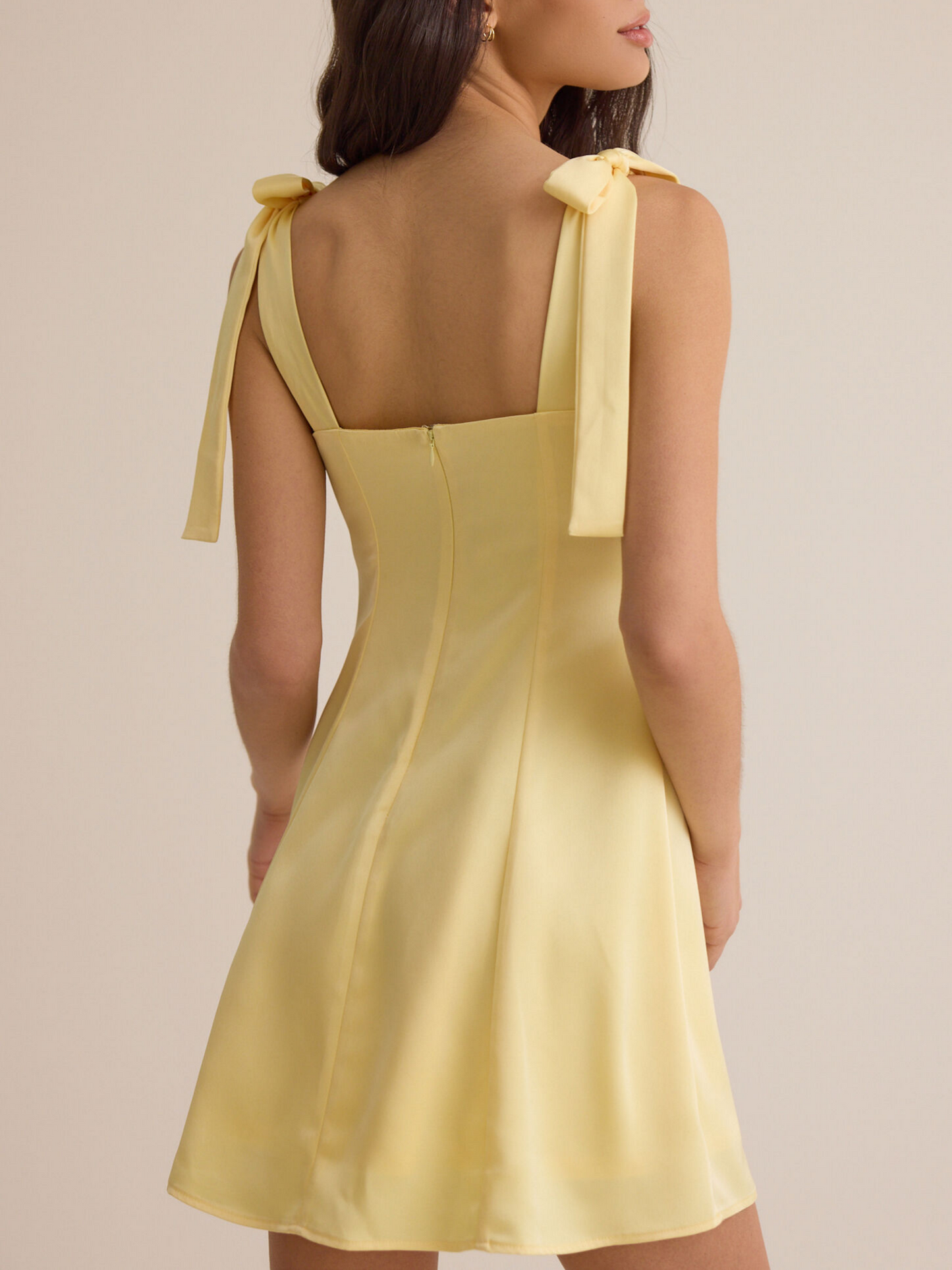 Sunny Gloss Satin Bow Tie Strap Square Neck Princess Seam A-Line Mini Homecoming Dresses
