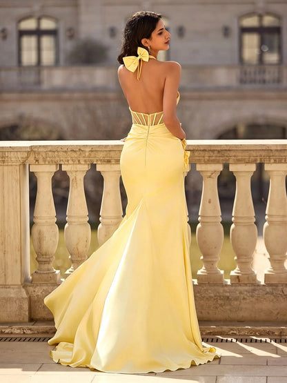 Sunny Satin Mermaid Halter V-Neck Corset Slit Floor Length Evening Gown
