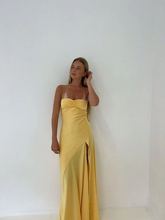 Radiant Satin Mermaid Sweetheart-Neck Thin-Strap High-Slit Yellow Floor-Length Prom Dress