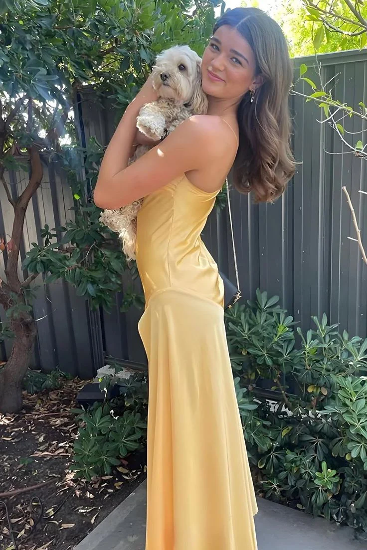 Radiant Satin Mermaid Sweetheart-Neck Thin-Strap High-Slit Yellow Floor-Length Prom Dress