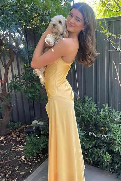 Radiant Satin Mermaid Sweetheart-Neck Thin-Strap High-Slit Yellow Floor-Length Prom Dress