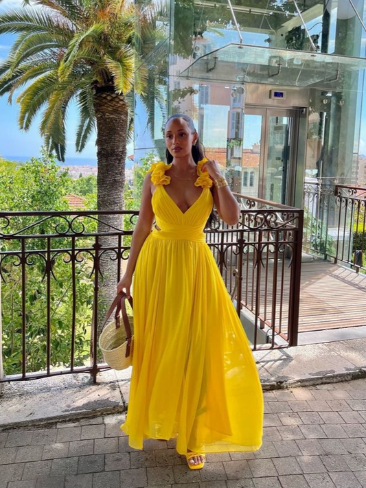 Sunny chiffon A-line deep V-neck ruffle-strap open-back floor-length evening prom dress