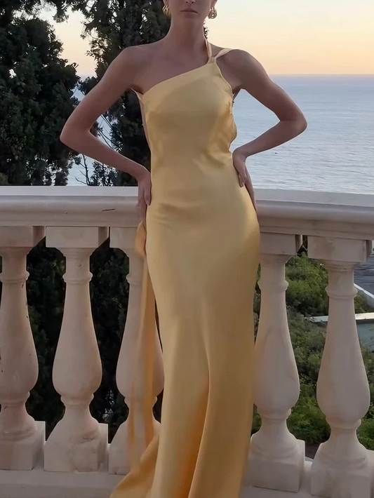 Sunny satin one-shoulder sleeveless open-back floor-length evening prom dress