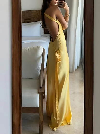 Sunny satin one-shoulder sleeveless open-back floor-length evening prom dress