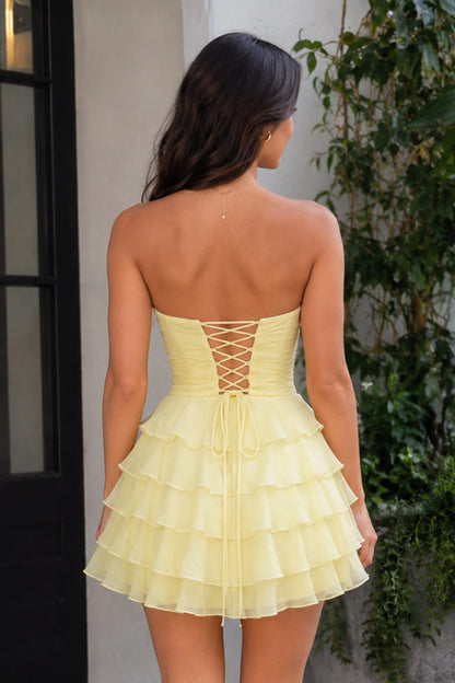 Sweet A Line Strapless Sweetheart Lace Up Back Bow Tier Ruffle Mini Homecoming Dress