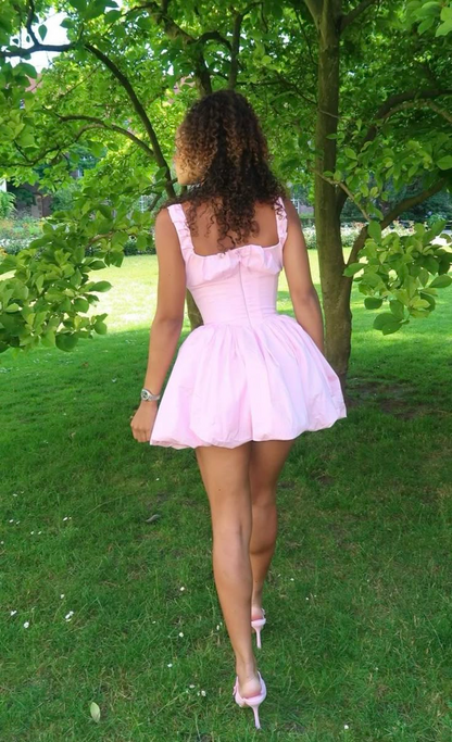 Sweet Bubble-Hem Corset Square Neck Ruffle Strap Simple Zip Back Mini Homecoming Dress