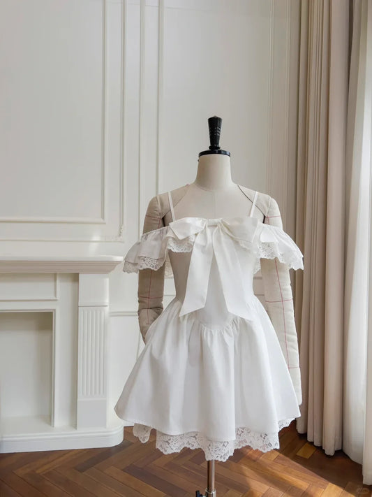 Sweet Lace A-Line Off-Shoulder Ruffled Bow Mini Zipper Back Homecoming Dresses