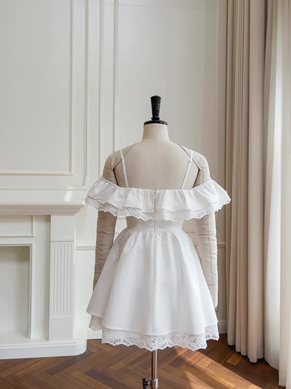 Sweet Lace A-Line Off-Shoulder Ruffled Bow Mini Zipper Back Homecoming Dresses