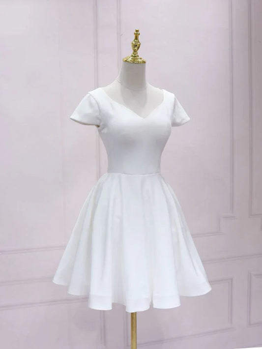 Sweet Satin A-Line V-Neck Short Sleeve Illusion Lace Back with Bow Mini Homecoming Dresses