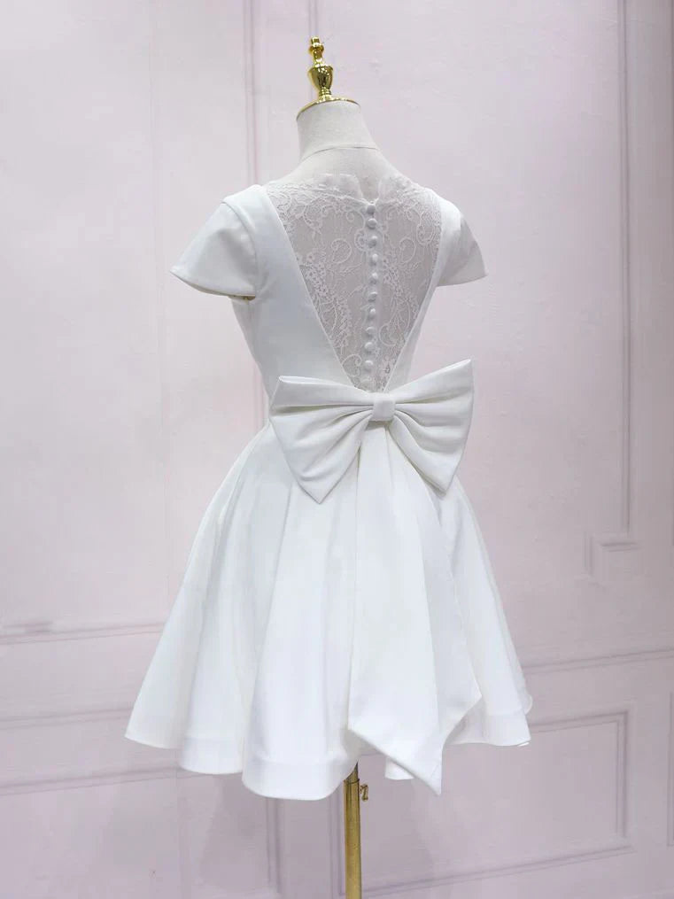 Sweet Satin A-Line V-Neck Short Sleeve Illusion Lace Back with Bow Mini Homecoming Dresses