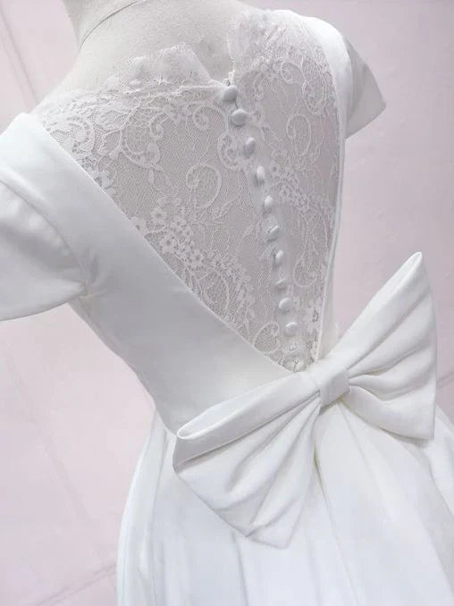 Sweet Satin A-Line V-Neck Short Sleeve Illusion Lace Back with Bow Mini Homecoming Dresses