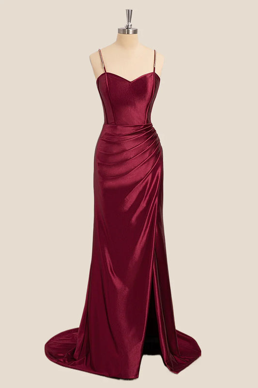 Sweetheart Neckline Rhinestone Strap Satin Mermaid Evening Dress with Slit