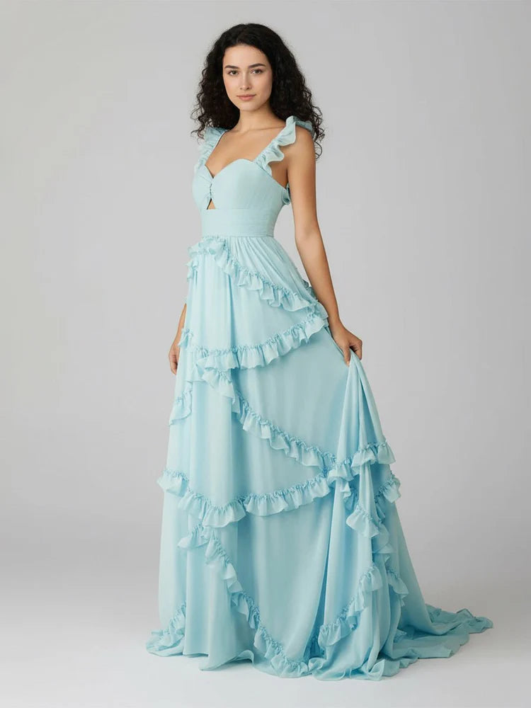 Sweetheart Ruffle Strap Tiered Chiffon Prom Dress Cutout Waist Backless Sweep Train Formal Evening Gown